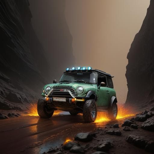 Mini cooper Jurassic park 4x4 off road Baja bug in a canyon on fire on mars at night in the rain and fog