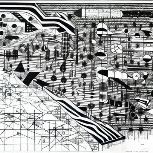 Abstract Graphic Score with Geometric Shapes in Black and Wh...