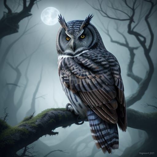 Hyperrealistic Owl in Moonlight Digital Matte Painting