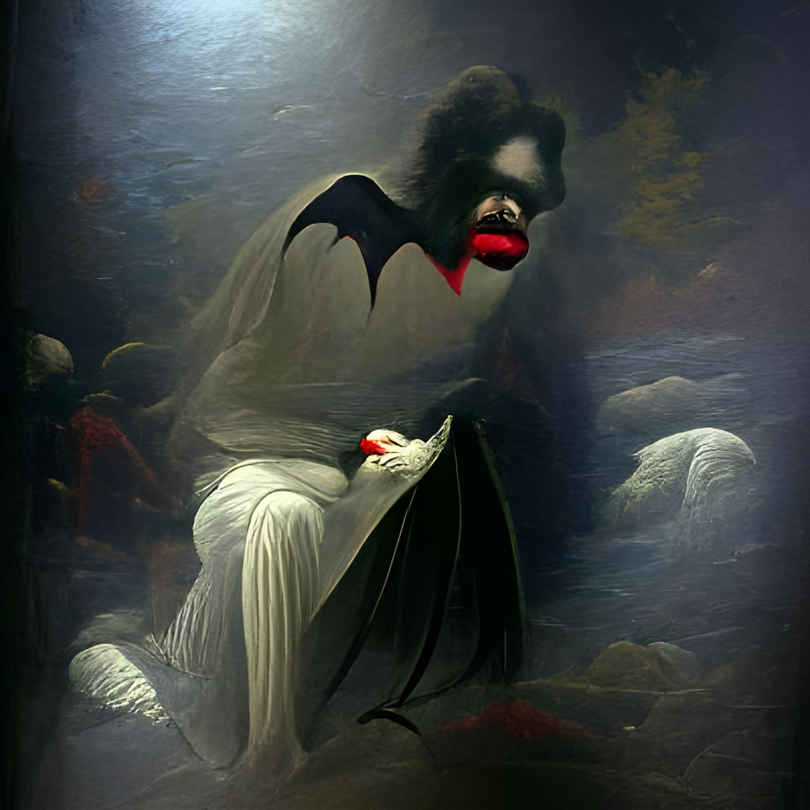 Gothic Vampire with Red Lips on Black Bat