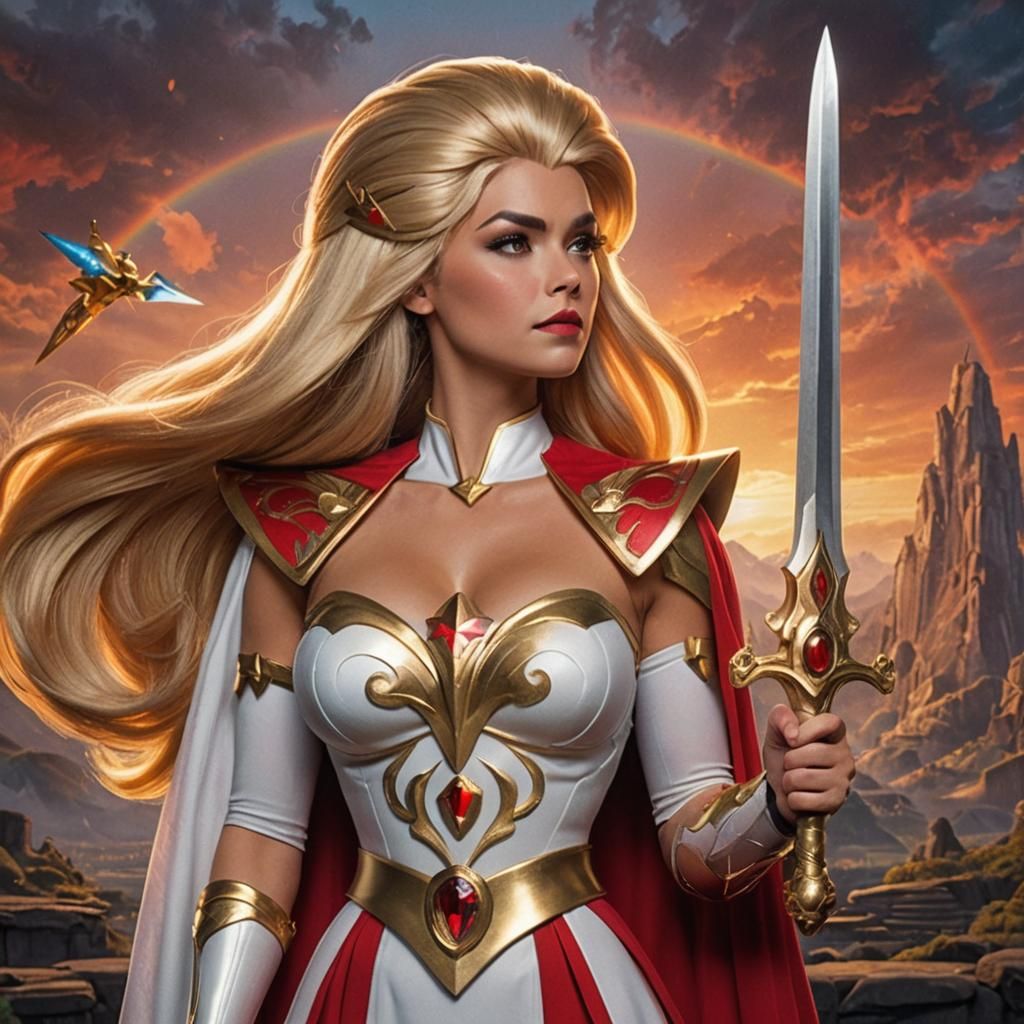 23 year old female dressed in She-ra uniform, long 1960’s blonde hair, sword in right hand, black eyeshadow, red lipstic...