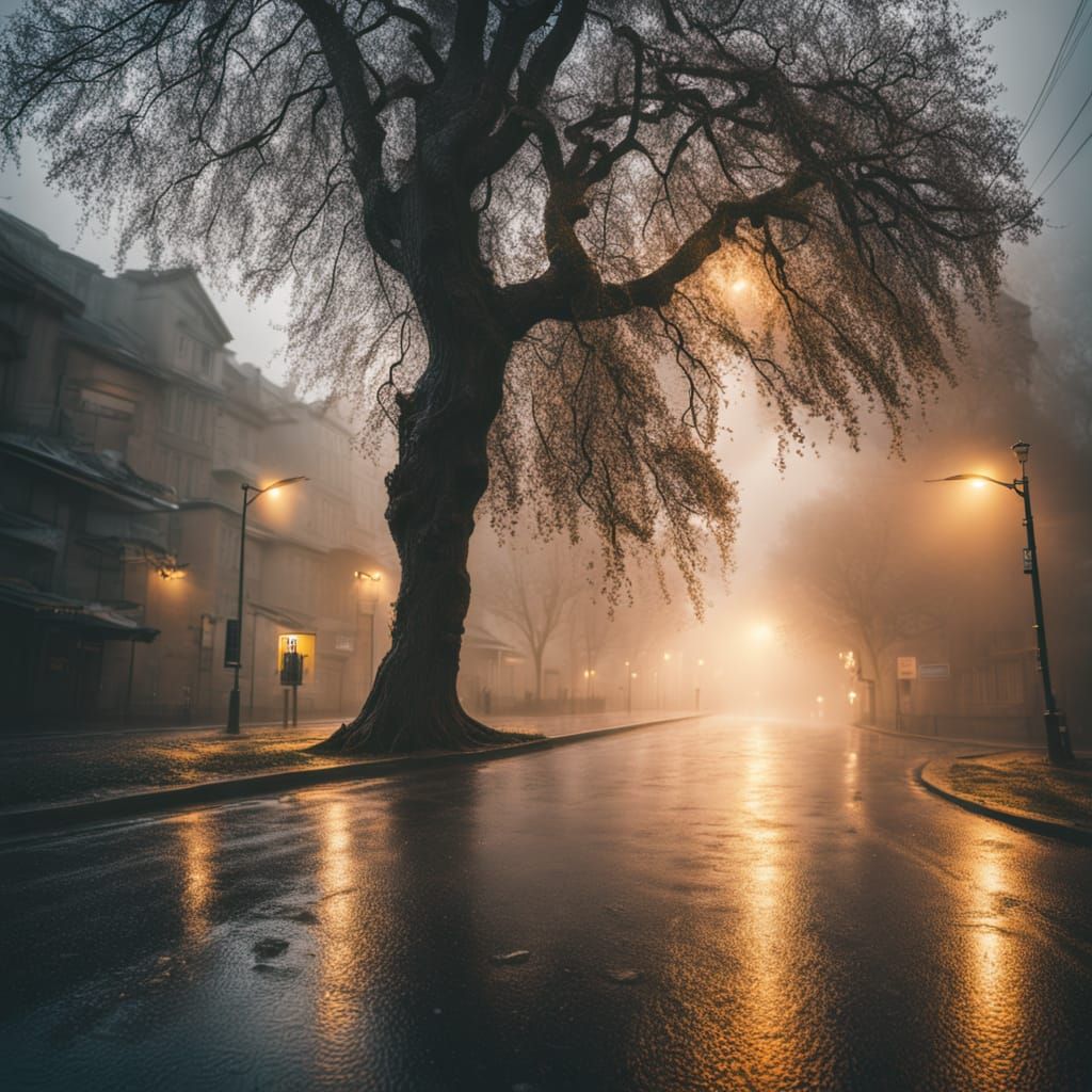 Rainy Sunrise: Golden Light on Wet Streets