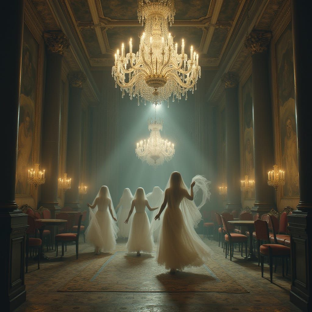 Ghostly Ballroom Dance Under Crystal Chandelier