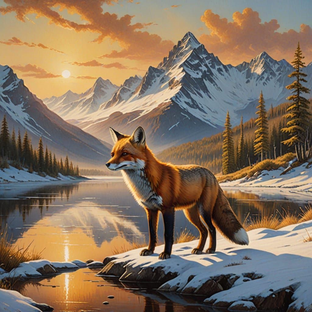 Fox Gazing at Shimmering Mountains in Oil Painting