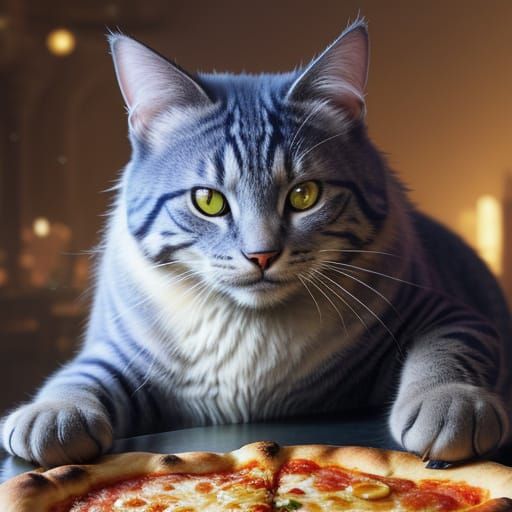 Fantasy Cat Enjoys Pizza in Matte Painting Style