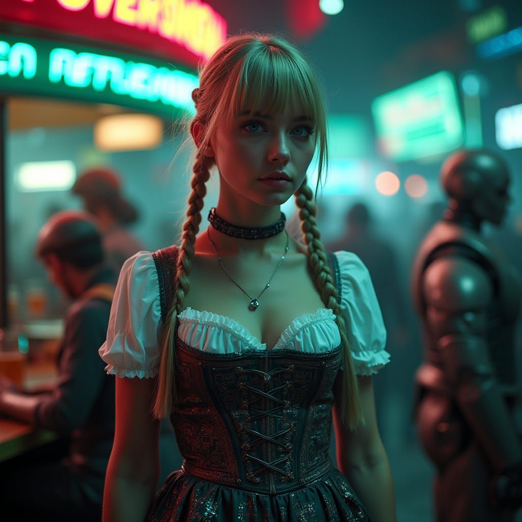 Ethereal Bavarian Cyberpunk Goddess in Futuristic Beer Garde...