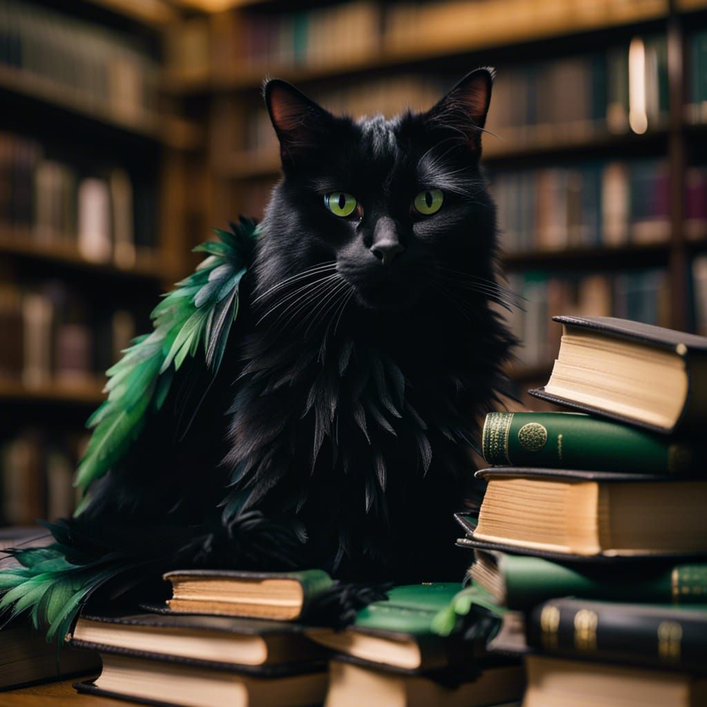 Feathered Black Cat in Library: Professional Photography