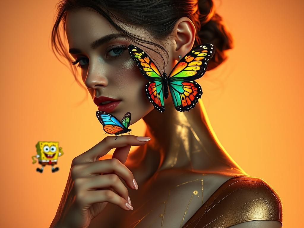 Elegant Woman with Spongebob, in Surreal Digital Art