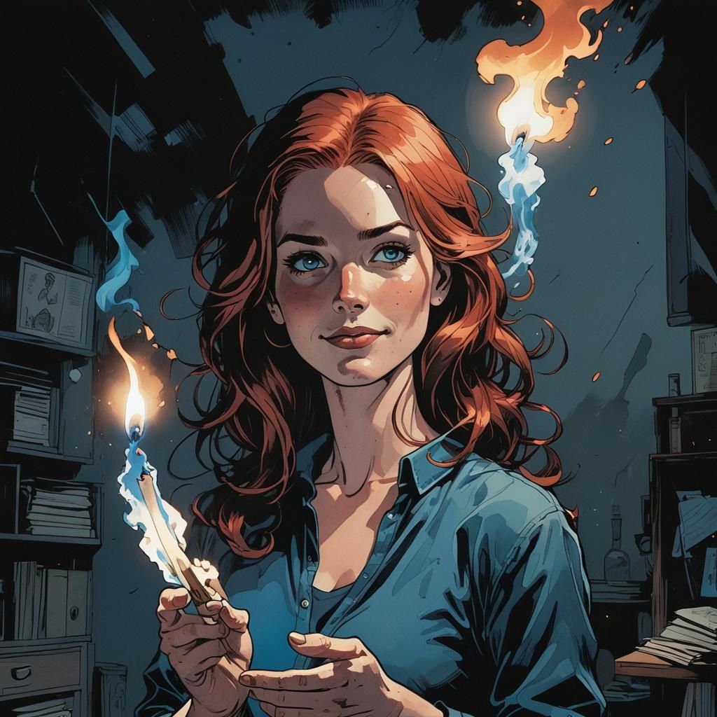 Woman with Match in Dark Room, Comic Book Art