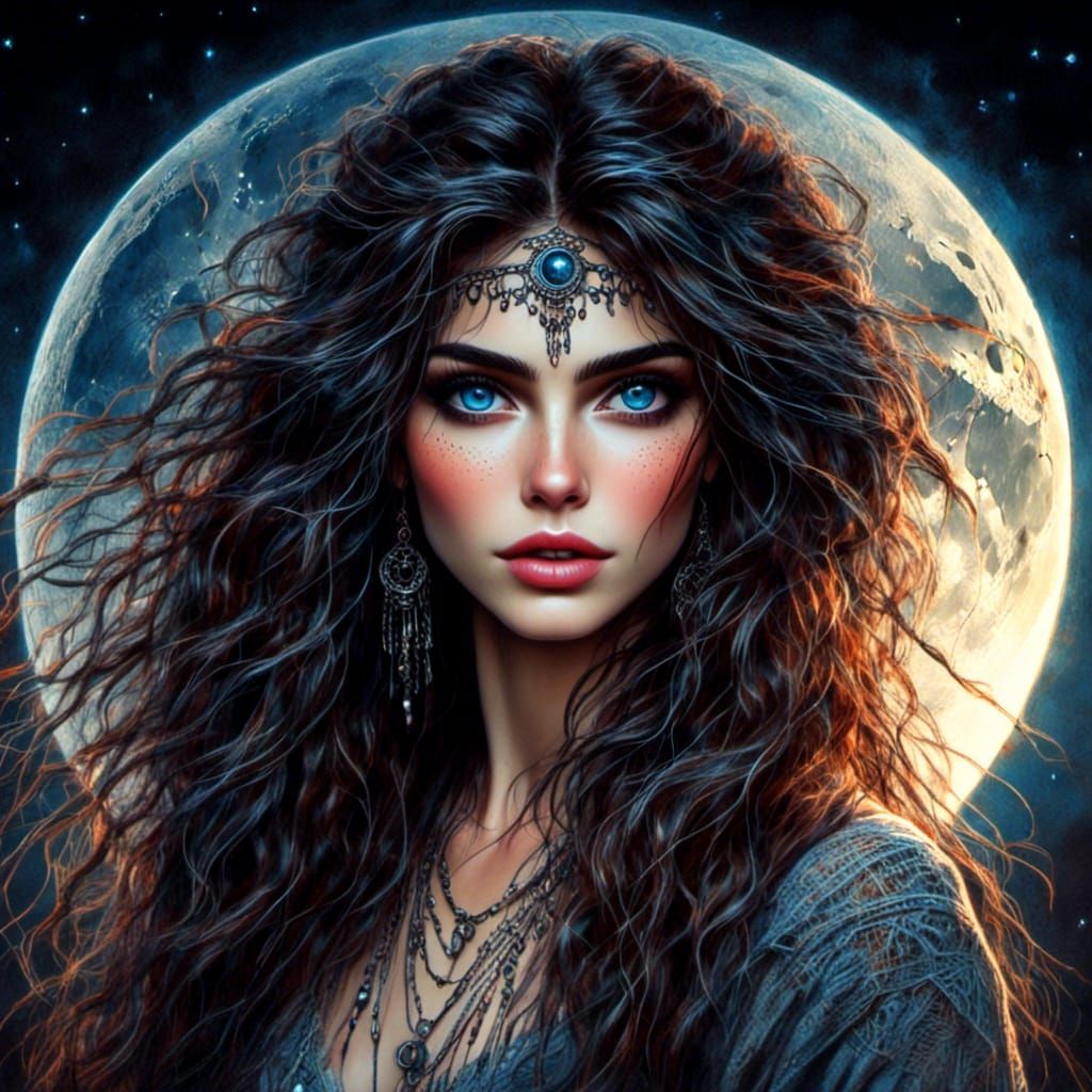 Watercolor Moon Goddess with Aurora Borealis