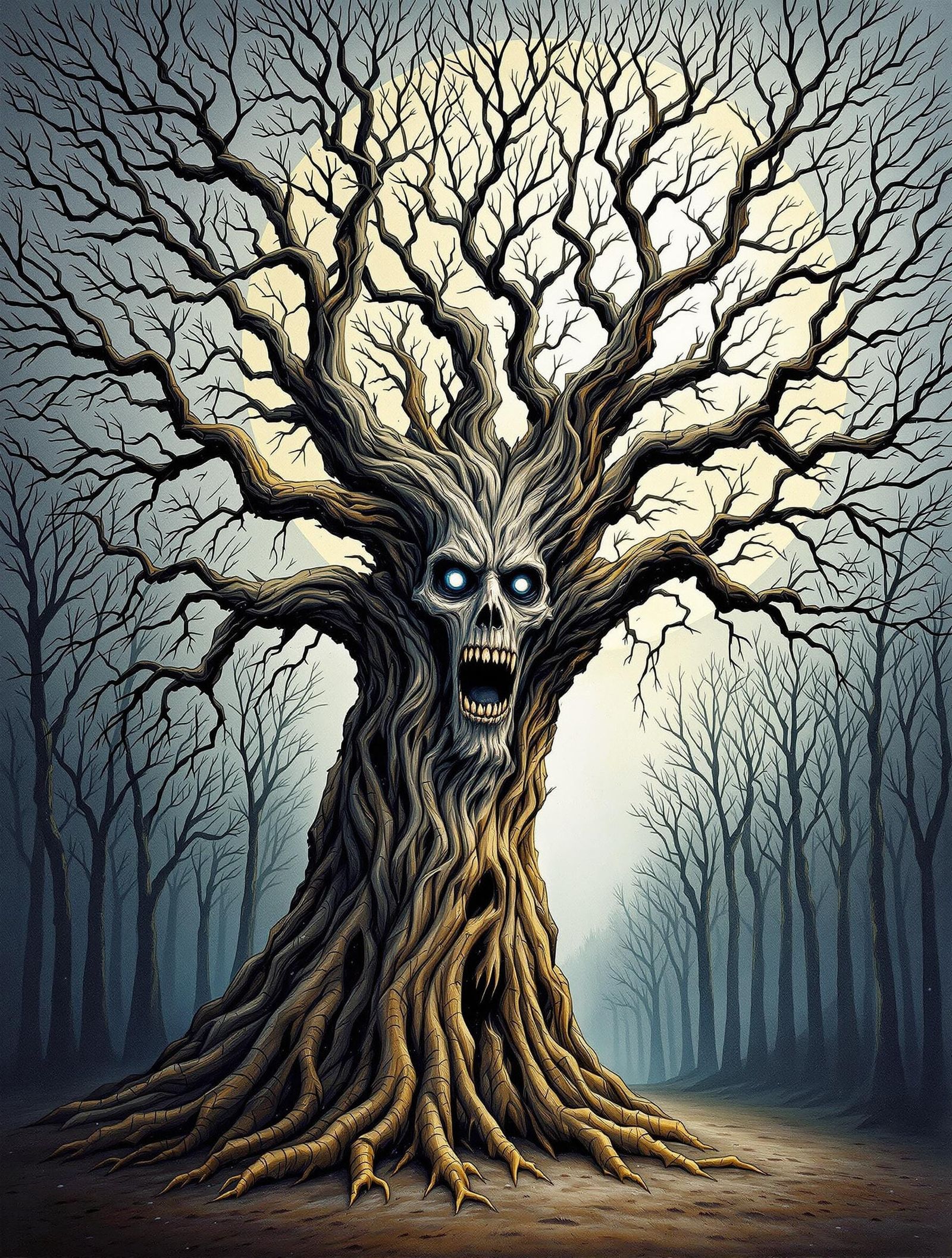 Ancient Tree with Face in Moonlit Forest as Impasto Painting