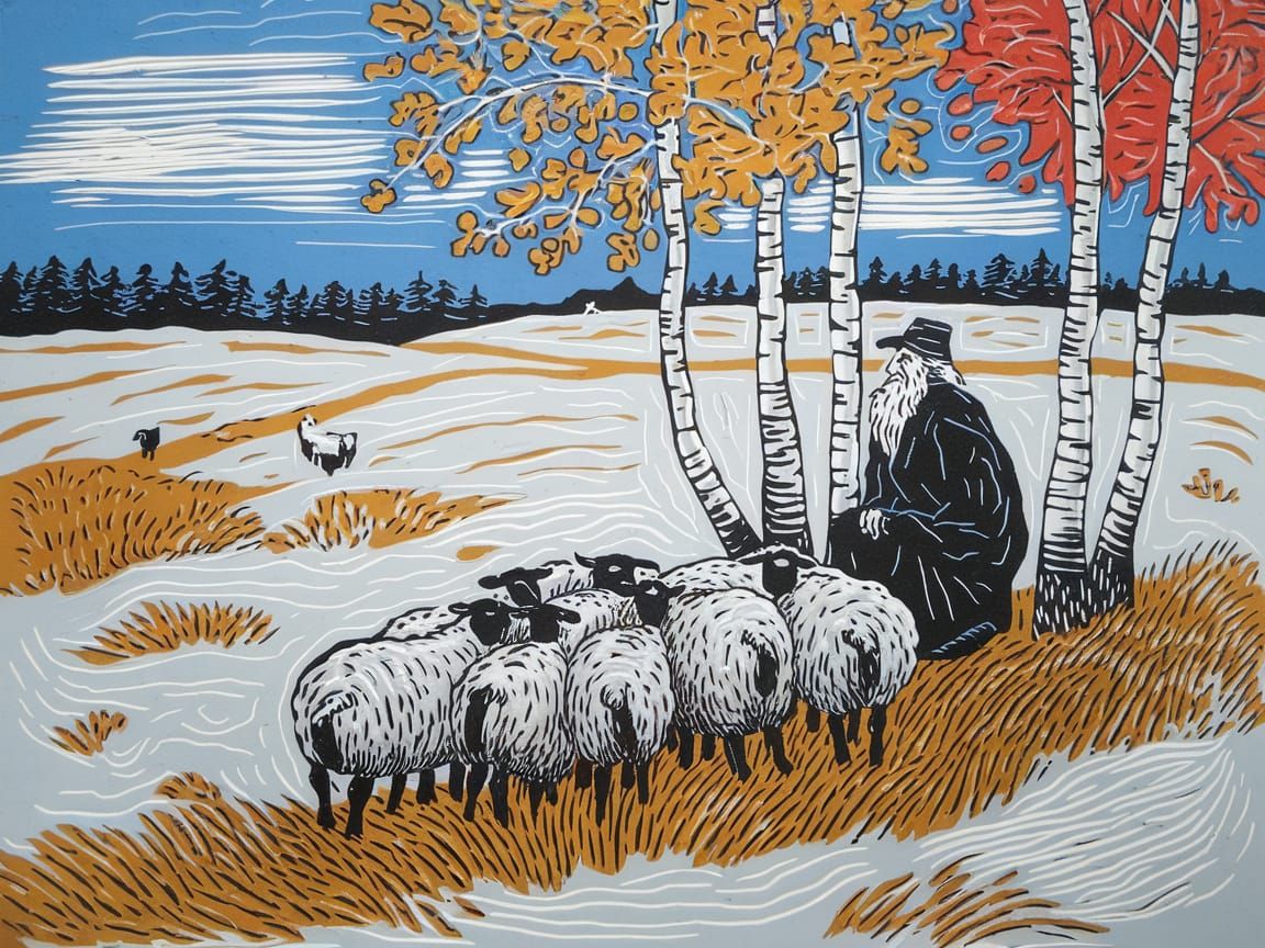 First Snow on Autumn Heath with Huddled Sheep