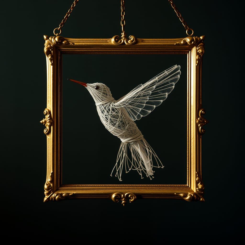 String Hummingbird in Gold Frame, Hyperrealistic Style