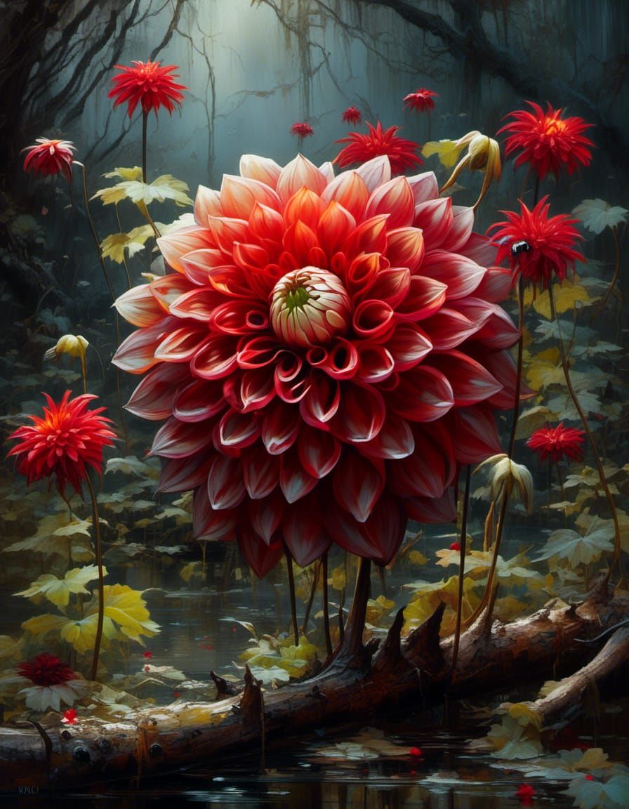gentle rare duel colored dahlia flowers that are black and red in huge old root in the swamp, By Jean-Baptiste Monge, In...