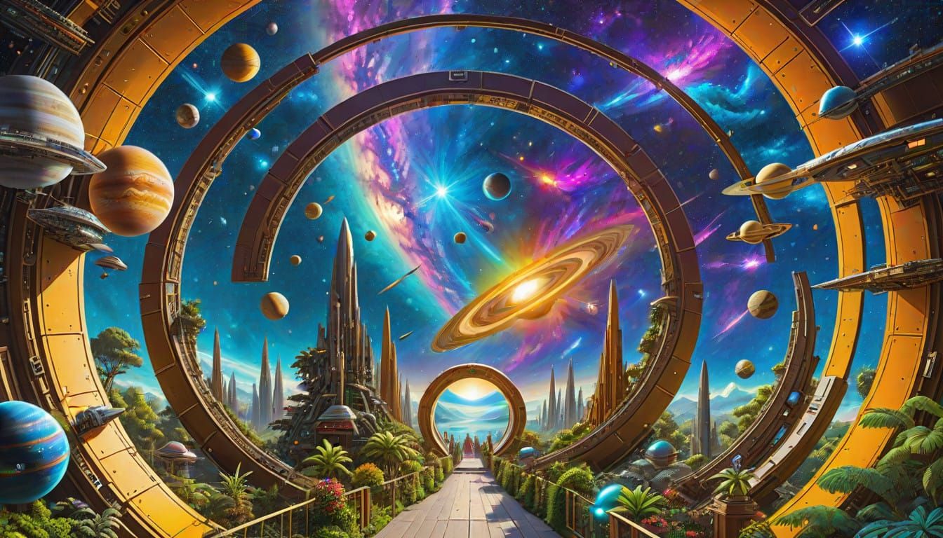 view through large portals of galactic ark fleet beautiful e...