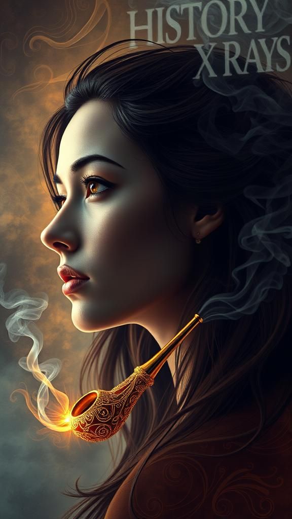 Dreamy Woman Gazing at Smoke Text in Abstract Fractals
