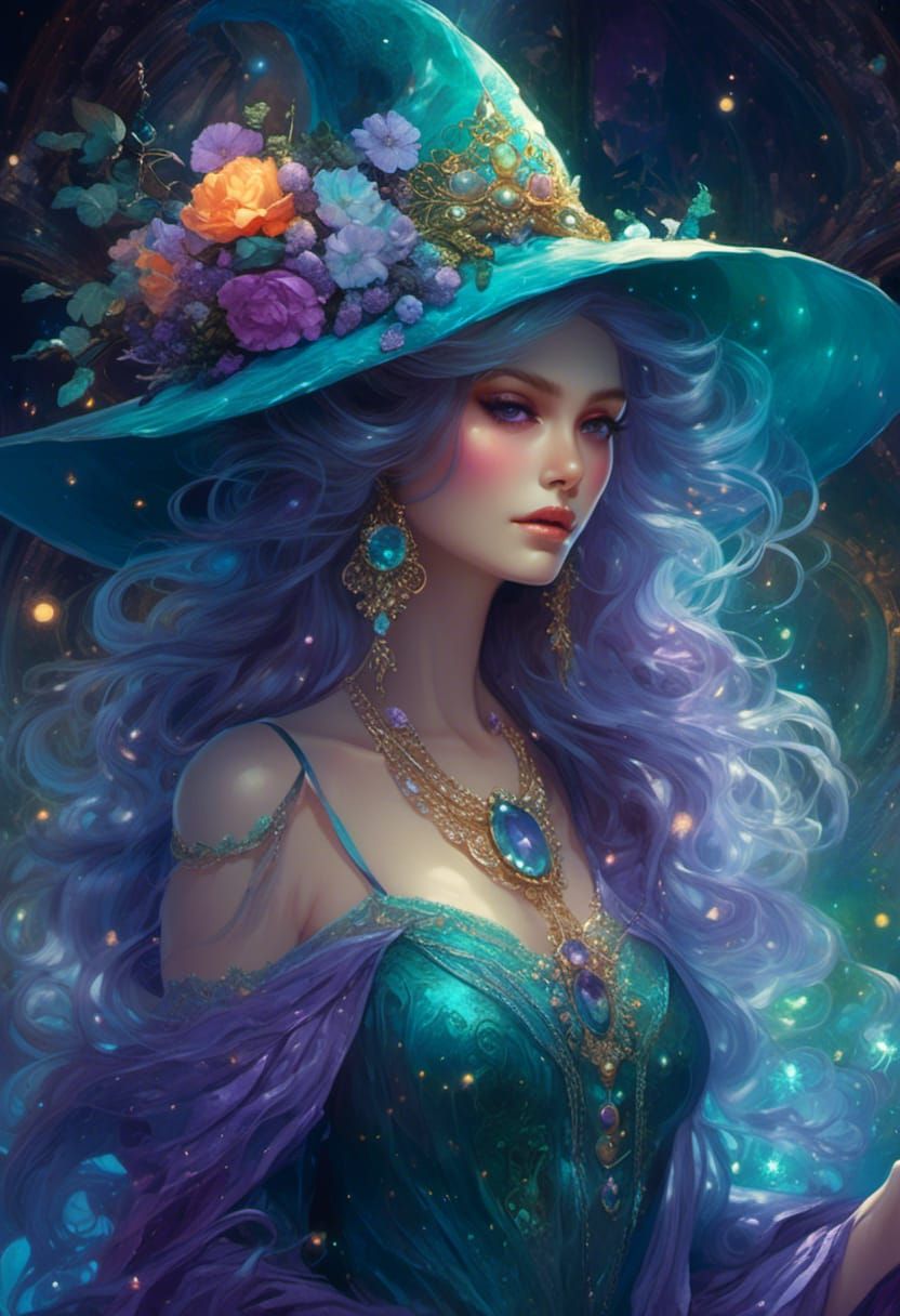 Opalescent Witch with Flowers and Supernova Background