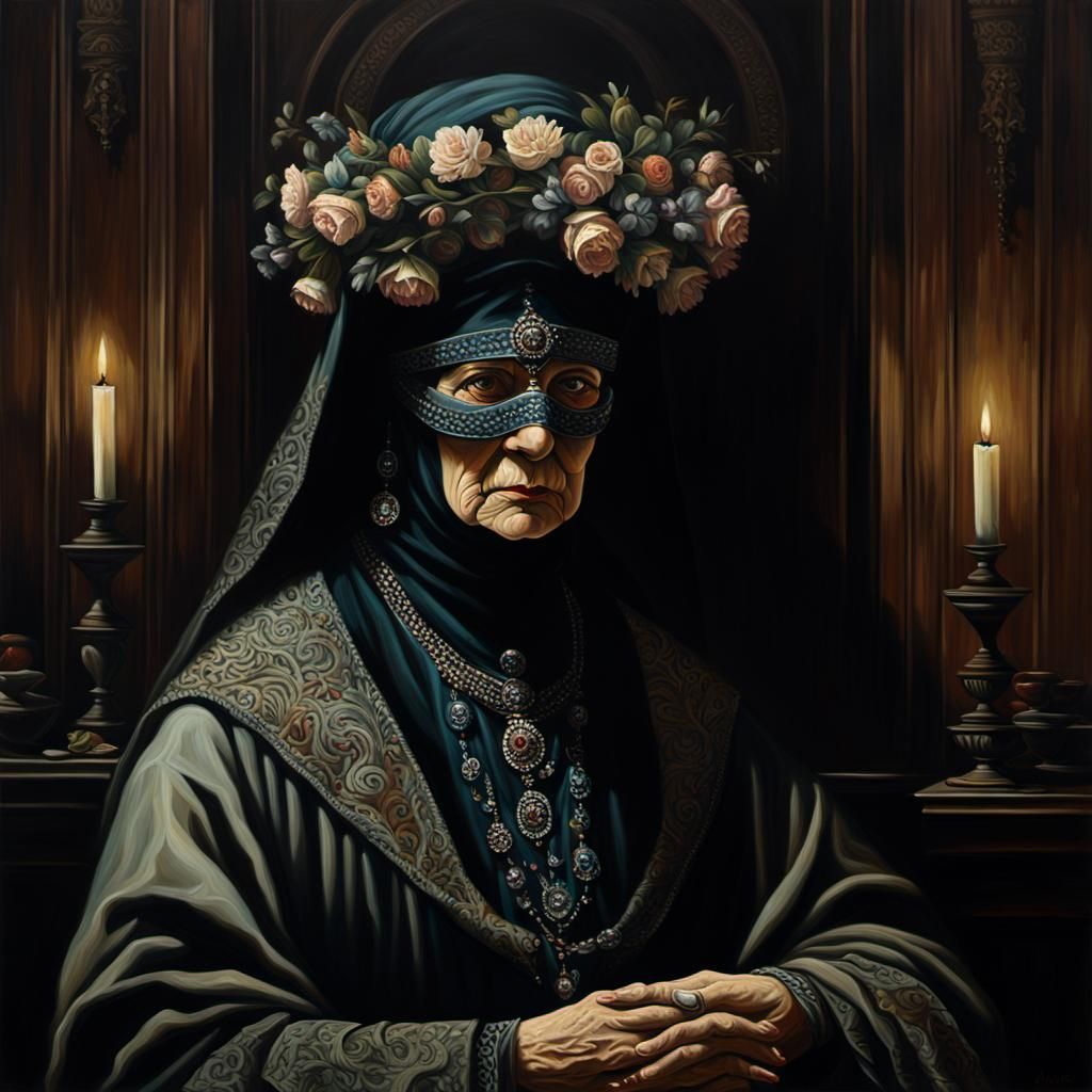 Armenian Matriarch Casting Spell as Surrealist Oil Painting