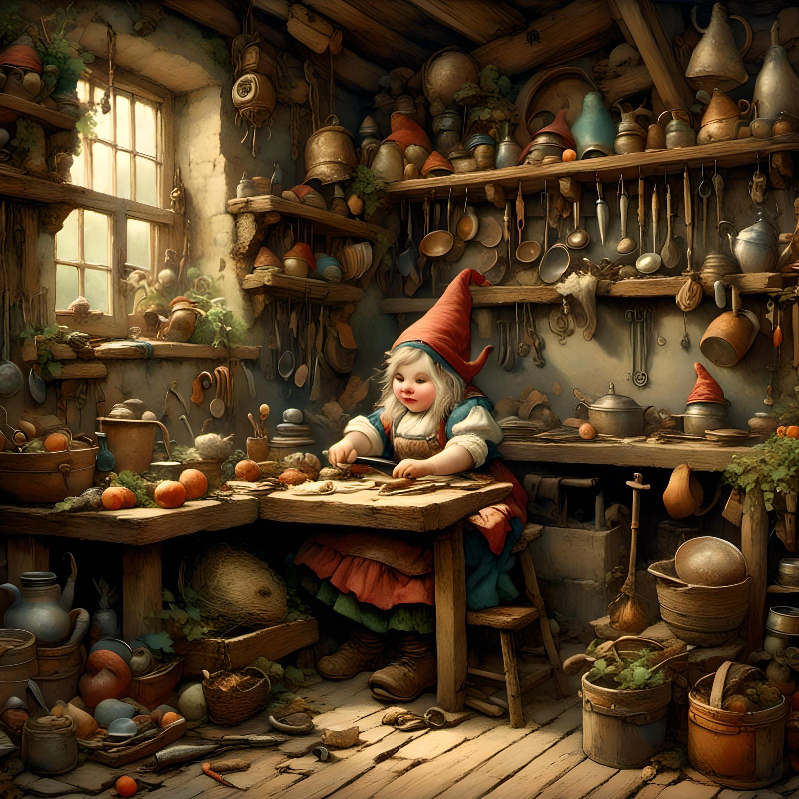 Beardless female gnome working in her kitchen in the style of late 19th early 20th century fantasy artists <lora:Gnomes-...