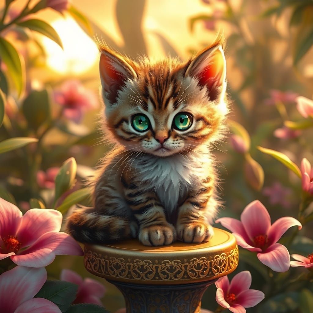 Whimsical Kitten in Vibrant Fantasy Environment