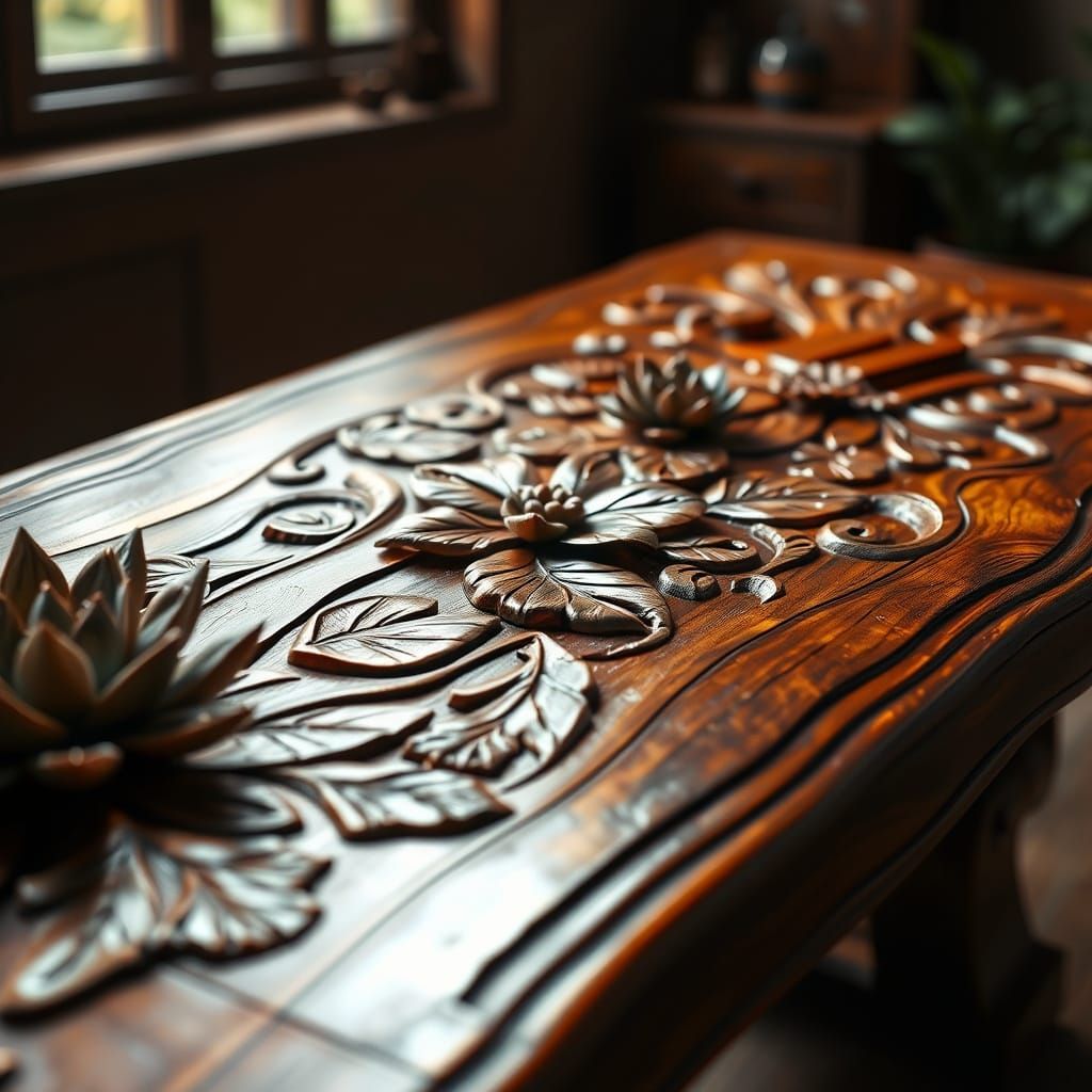 Intricately Carved Wooden Table With Plant Motifs