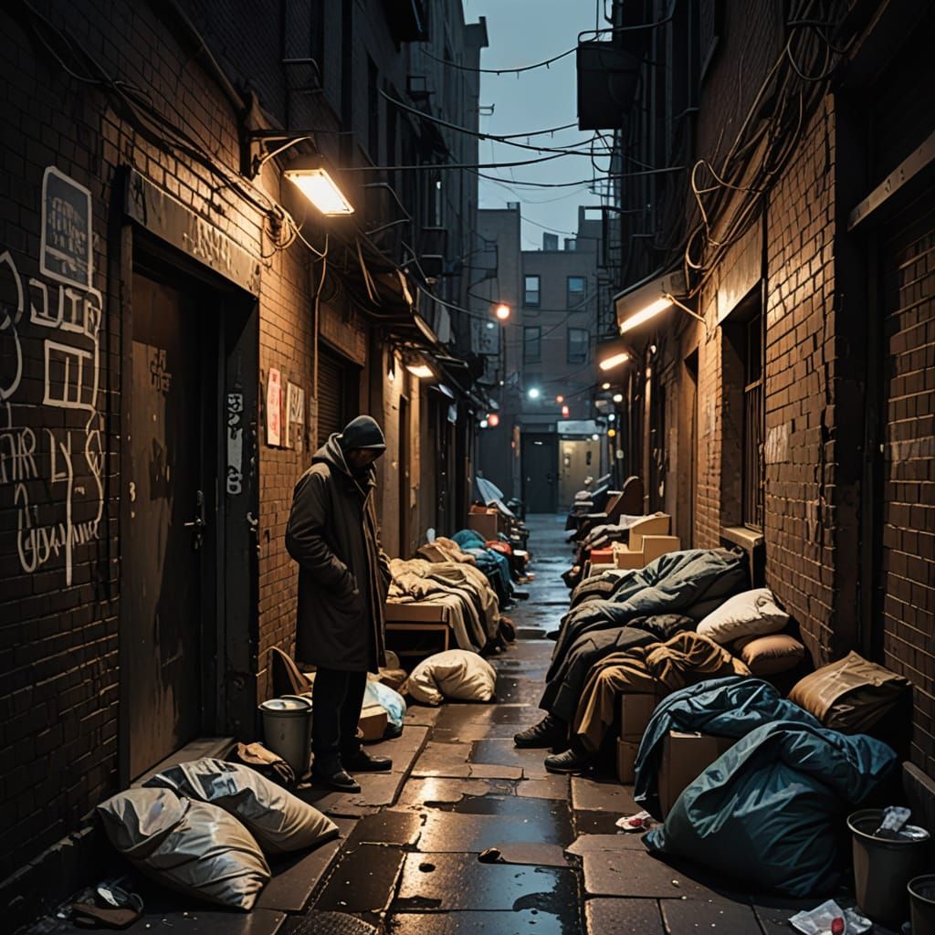 Urban Alley Scene of Homelessness in Realistic Style