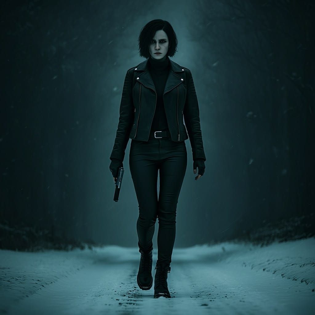 Cinematic Hitwoman Emerge from Snowy Landscape in Leather