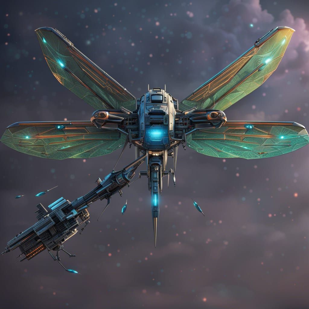 Cyberpunk Dragonfly Spaceship in Cosmic Flight