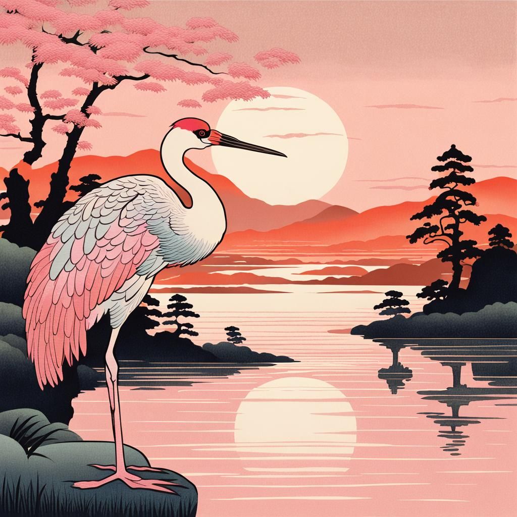 Pink Crane by Lake, Ukiyo-e Style