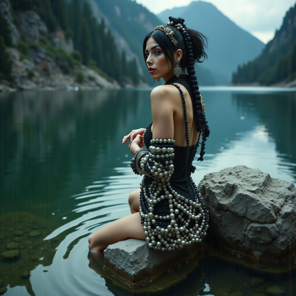 Zarina Evdokija in Scarlet, Reflecting in a Calm Lake