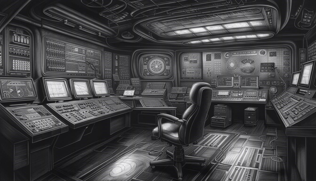 Futuristic Control Room Graphite Drawing in Outrun Style
