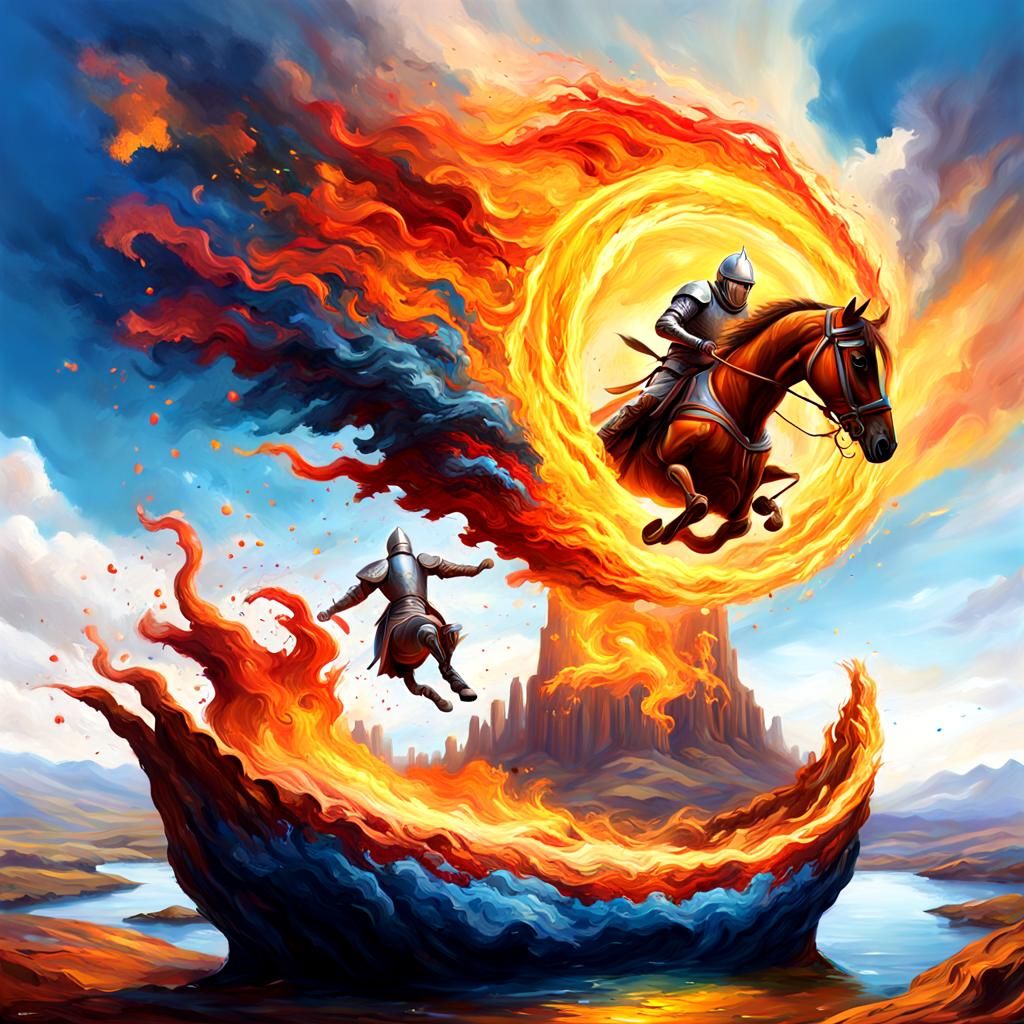 Knight Jumps Through Fire Ring: Oil Painting Style