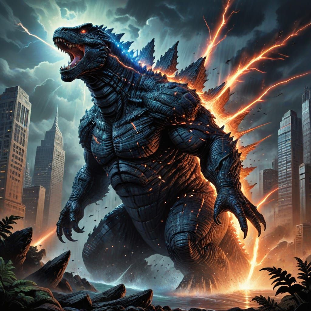 Superhero Battles Godzilla in Epic Cityscape