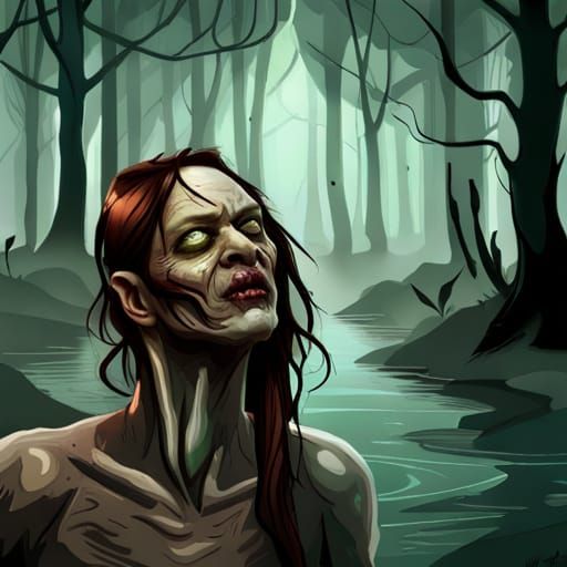 Zombie Lady Portrait in Foggy Swamp