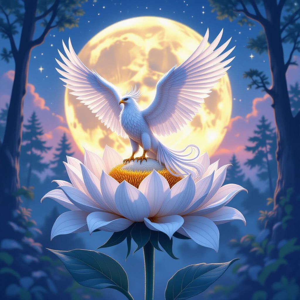 Majestic Griffin on Moonflower in Twilight Forest