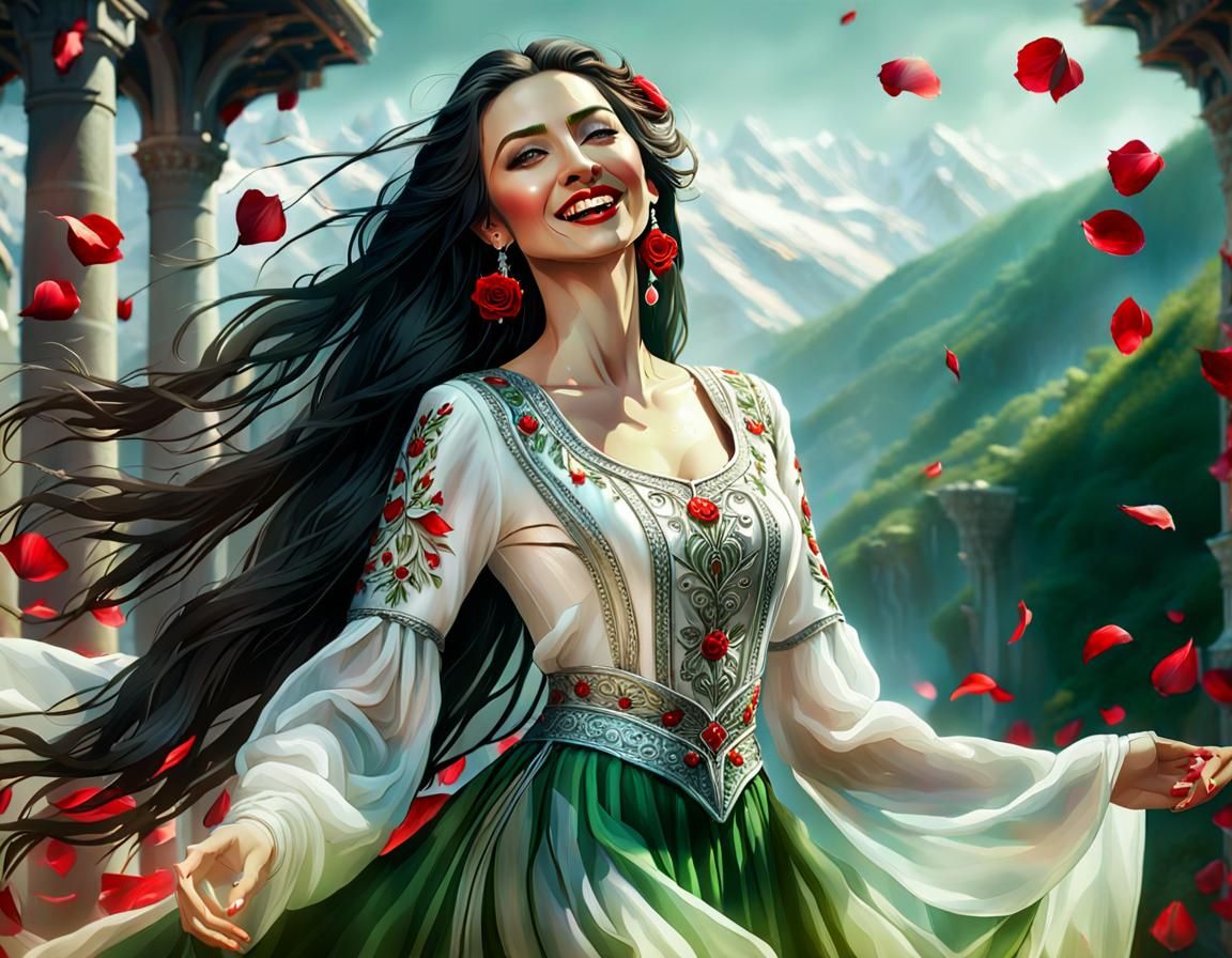 Bulgarian Woman Levitating in Traditional Dress