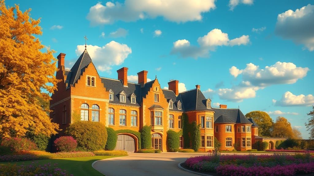 Golden Hour Chateau with Vibrant Garden