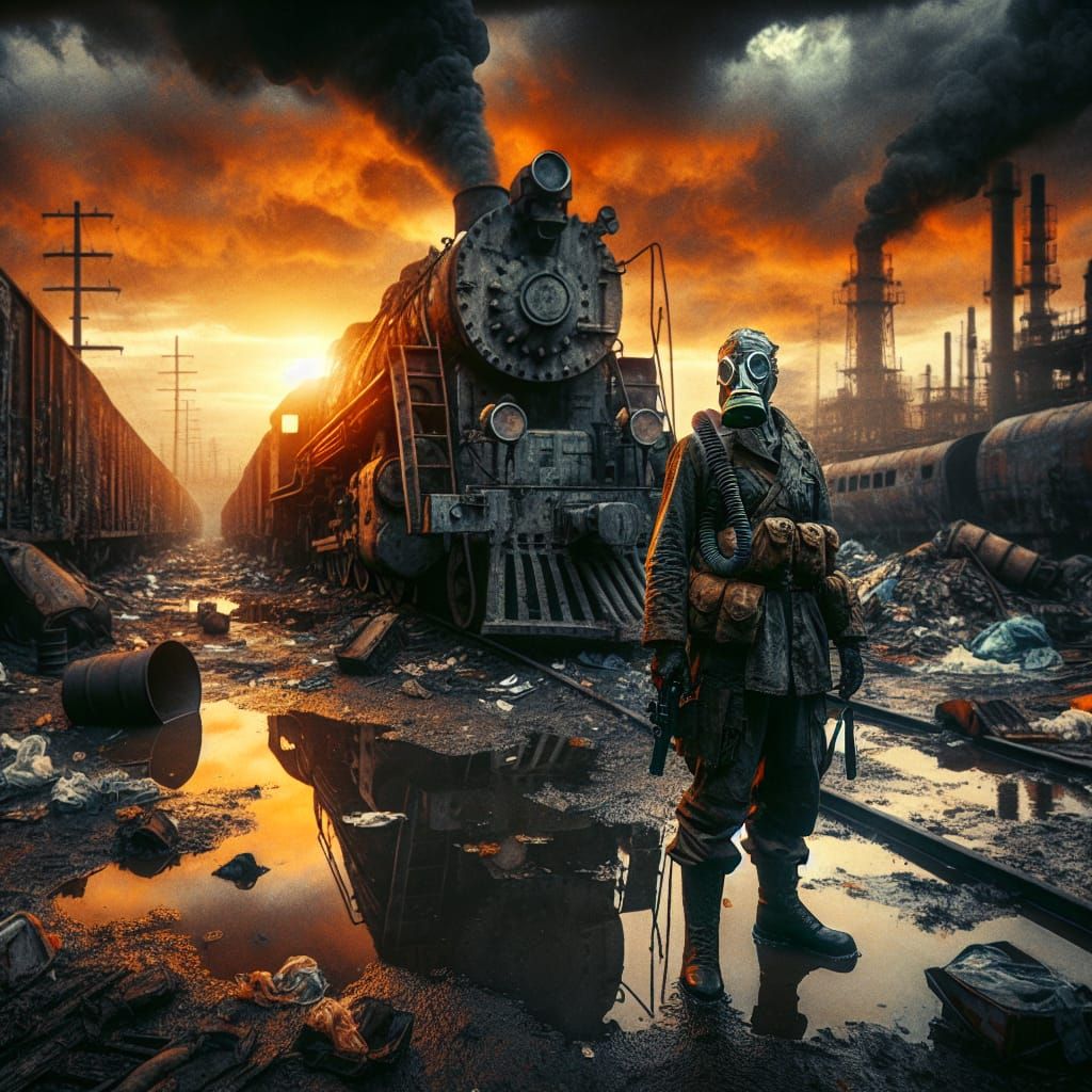 Dieselpunk Soldier in Post-Apocalyptic Wasteland