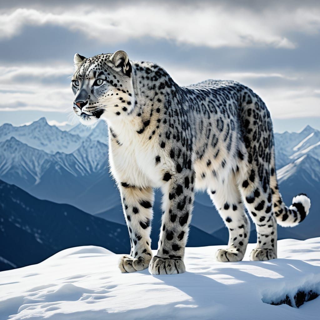 A majestic, large snow leopard with striking black and white fur stands powerfully in a stark monochrome landscape. The ...