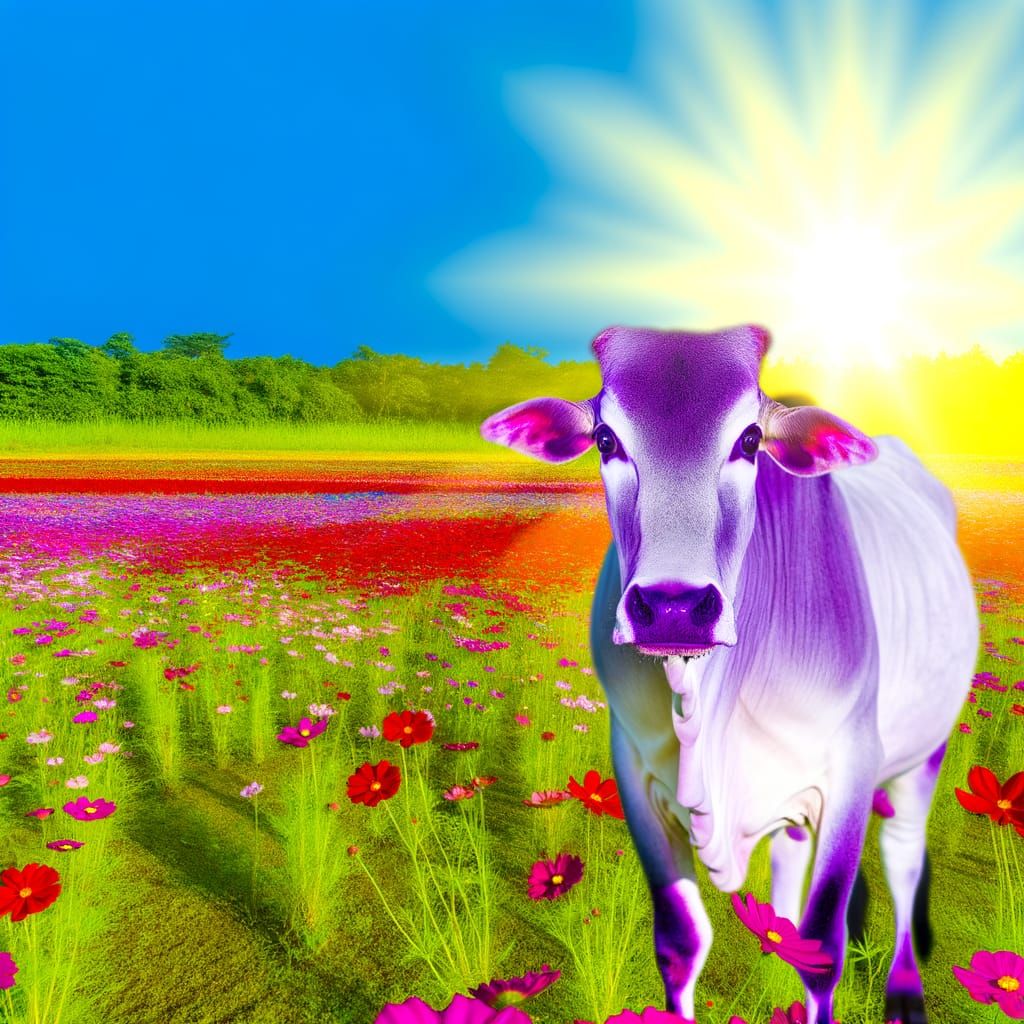 Hyper Realistic Purple Cow in Vibrant Floral Field