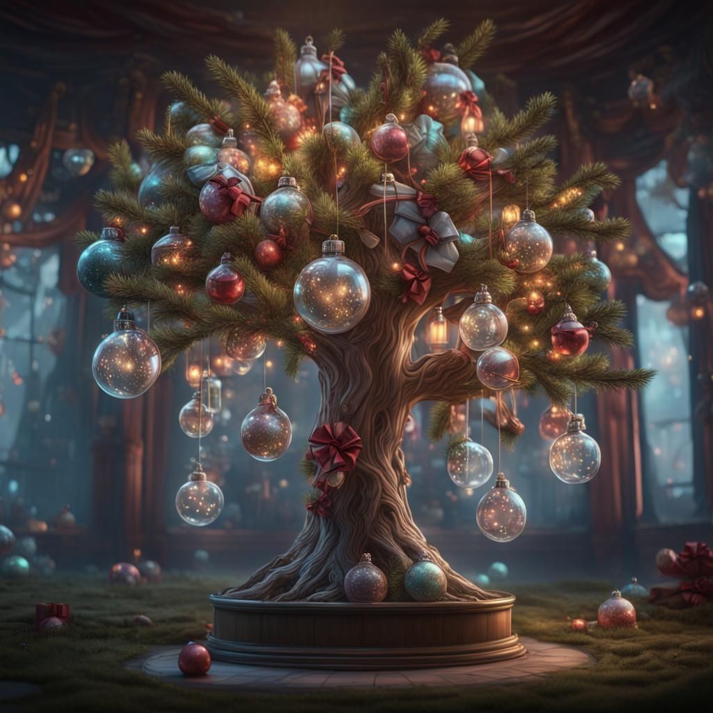 Glass Christmas Tree with Ornaments, Matte Painting