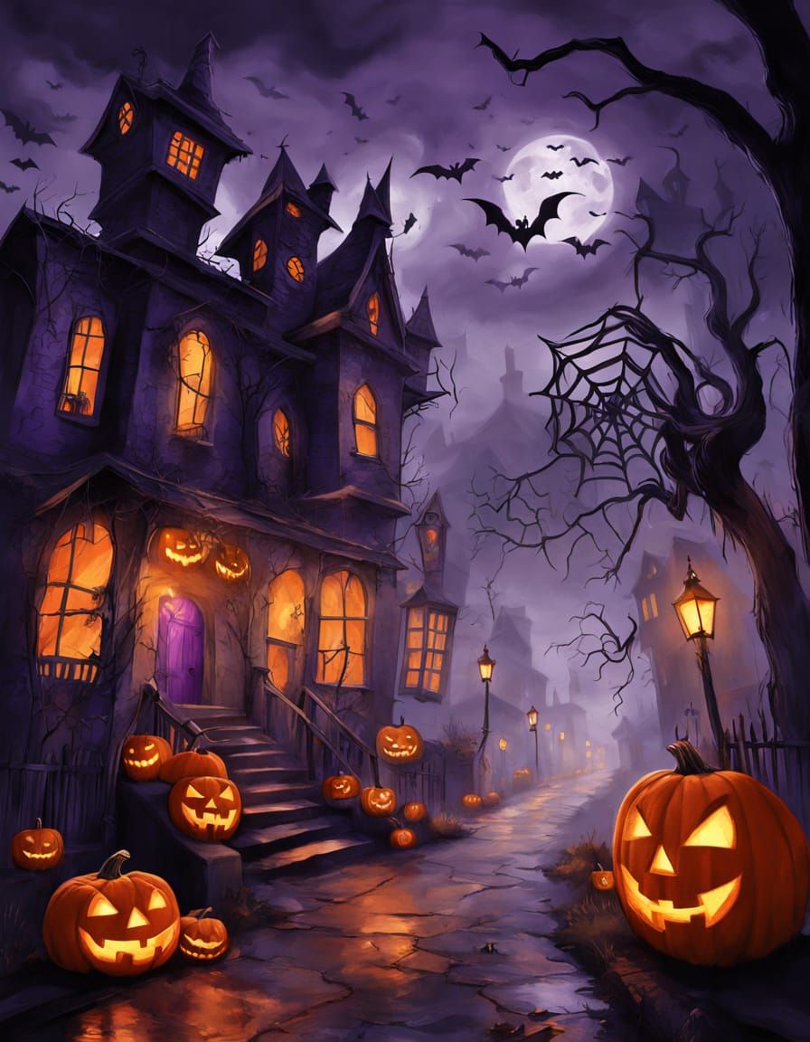 Eerie Halloween Night Street Scene with Haunted Houses