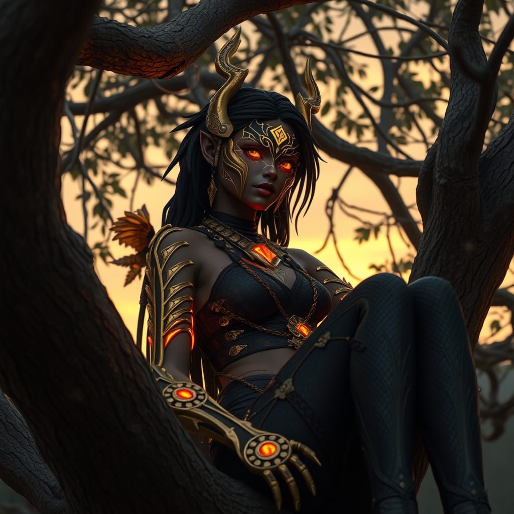 Goth Tribal Huntress in Ancient Sunset Scene