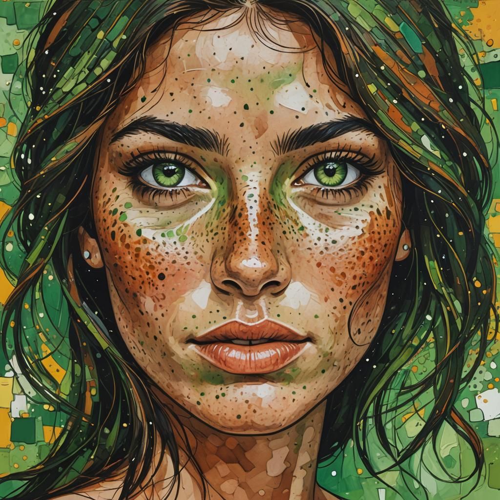 Hispanic Woman Portrait with Freckles in Abstract Style