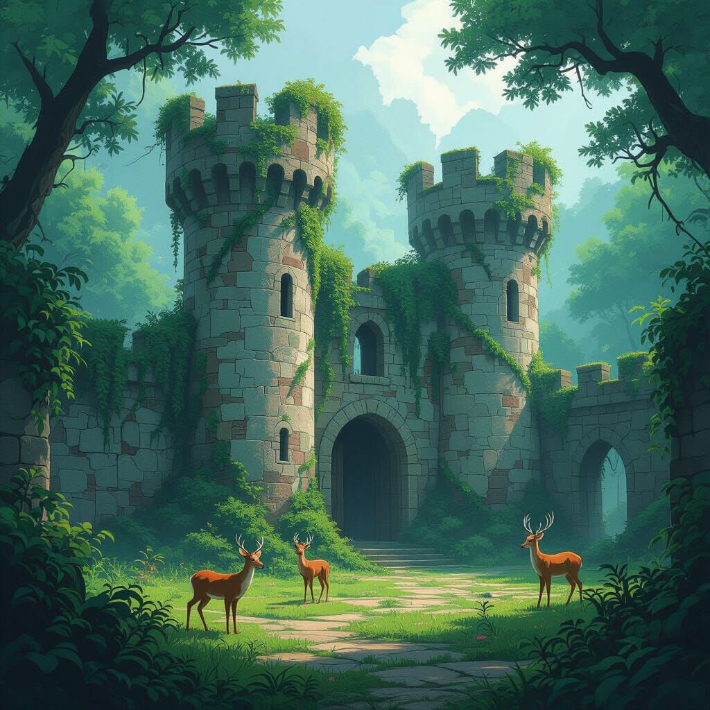 Majestic Fortress Reclaimed by Nature in Anime Style