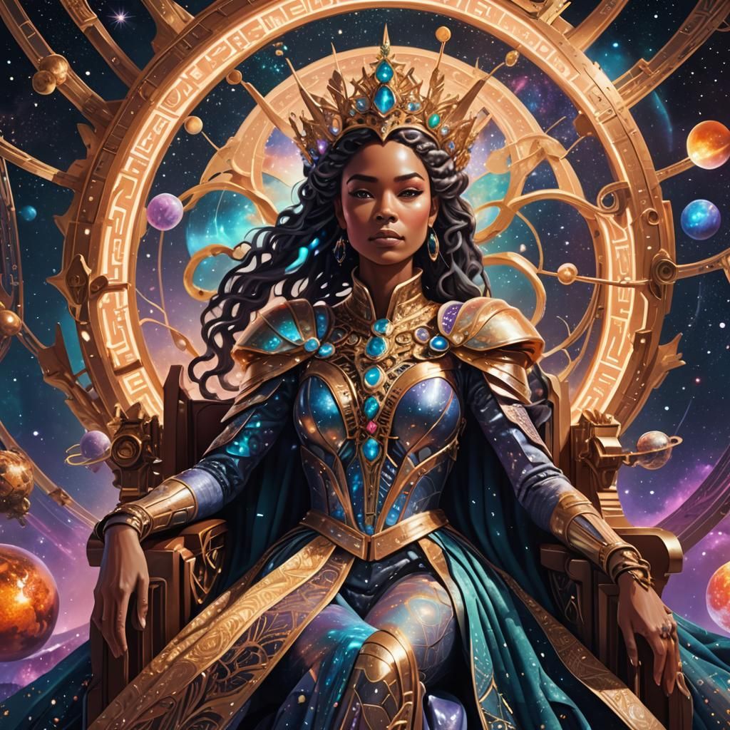 Galaxy Queen on Throne in Vibrant Sci-Fi Art