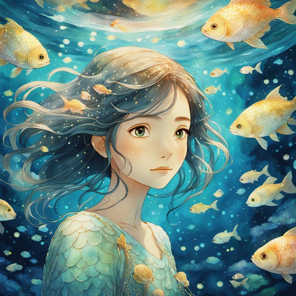Female Avatar in Deep Sea, Studio Ghibli Style