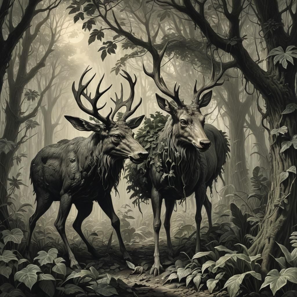 Anthropomorphic Plant Eats Deer in Dark Horror Style