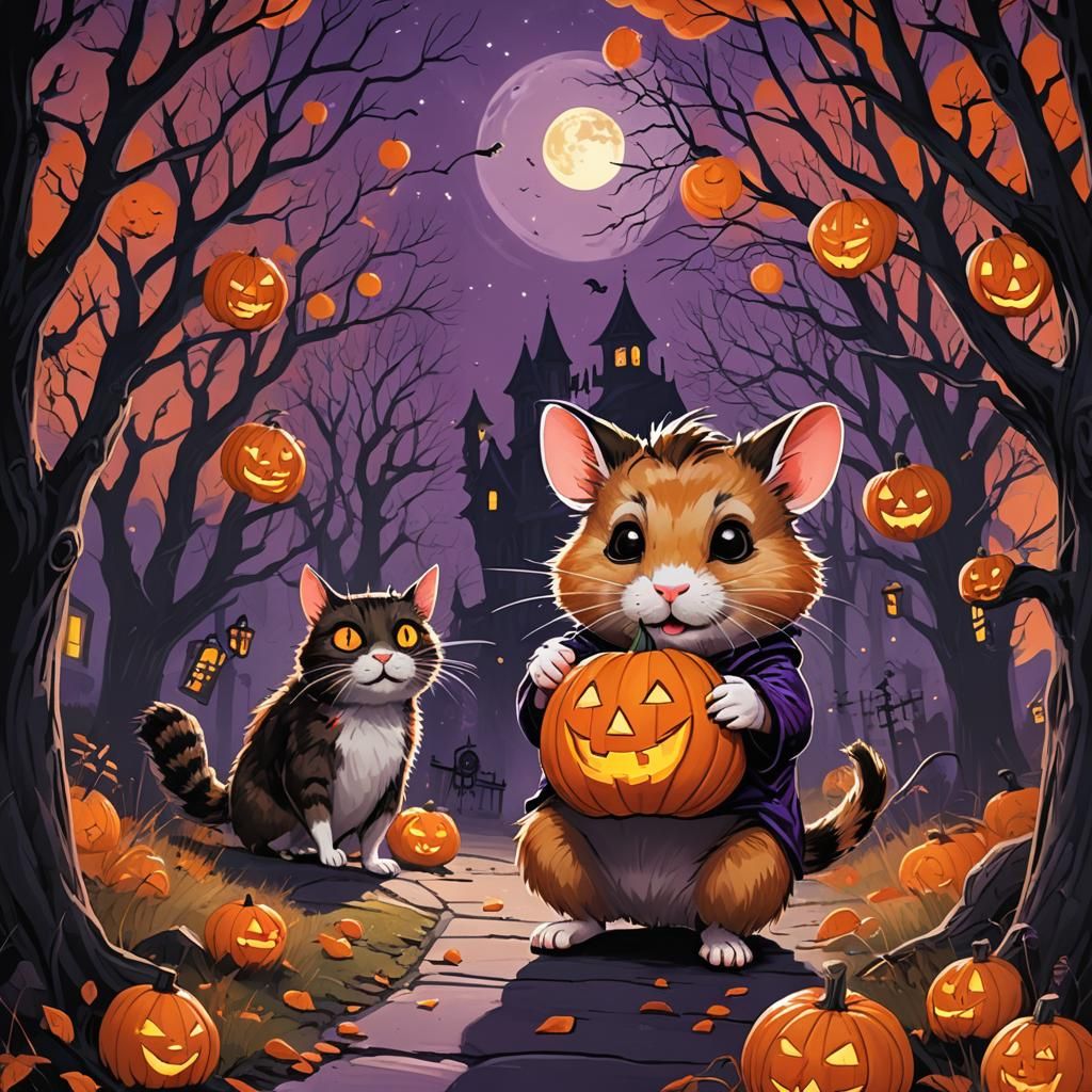 Halloween Hamster and Cat in Dark Whimsical Art