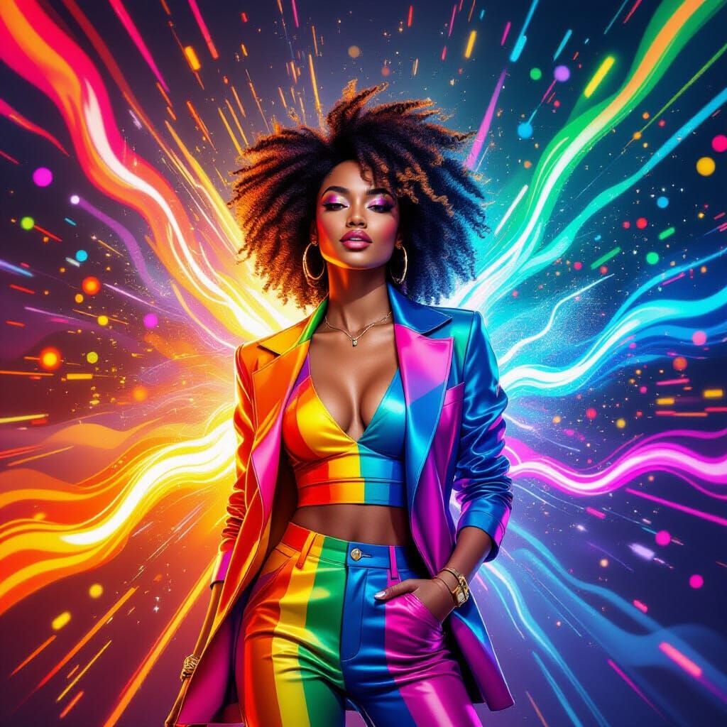 A vibrant, high-energy portrait of a confident figure surrou...